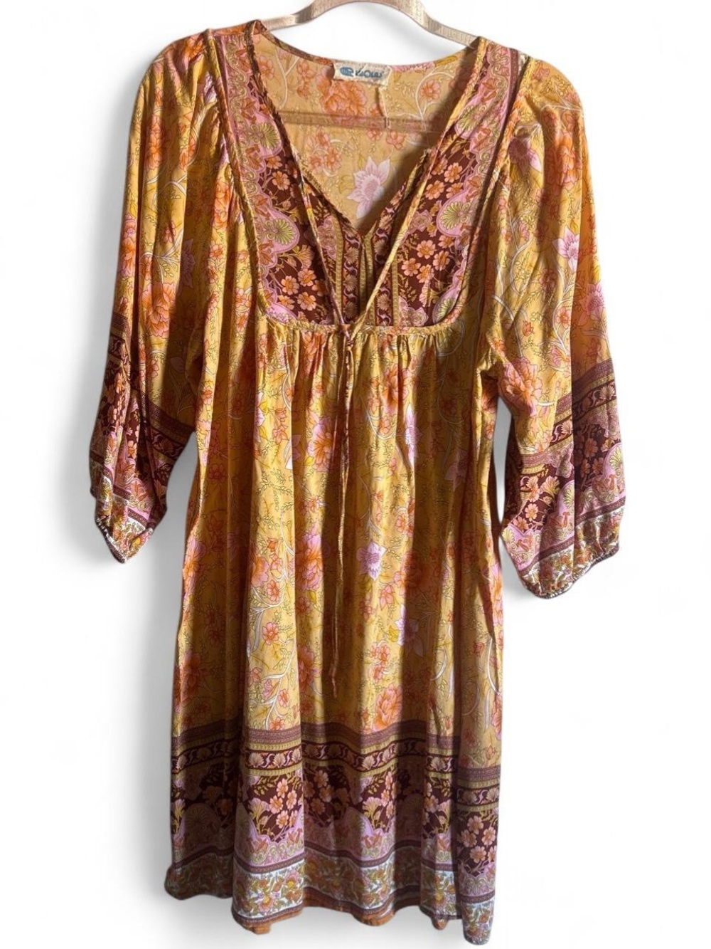 Las Olas Bohemian Hippie Floral Long-Sleeve Dress in Mustard